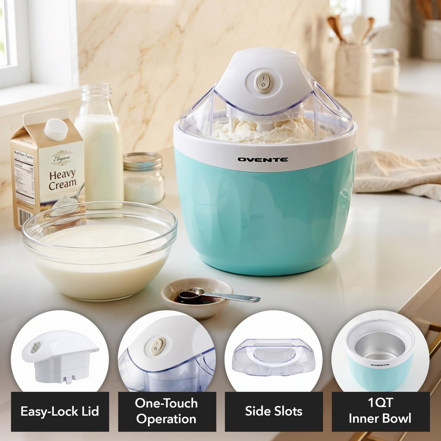 Electric Ice Cream Maker with Easy-Lock Lid, 1QT Freezer Bowl for Healthy & Homemade Frozen Yogurt, Sorbet and Gelato, Mini Kitchen Appliance Ideal for Summer Desserts for Kids, Blue ICM110BL