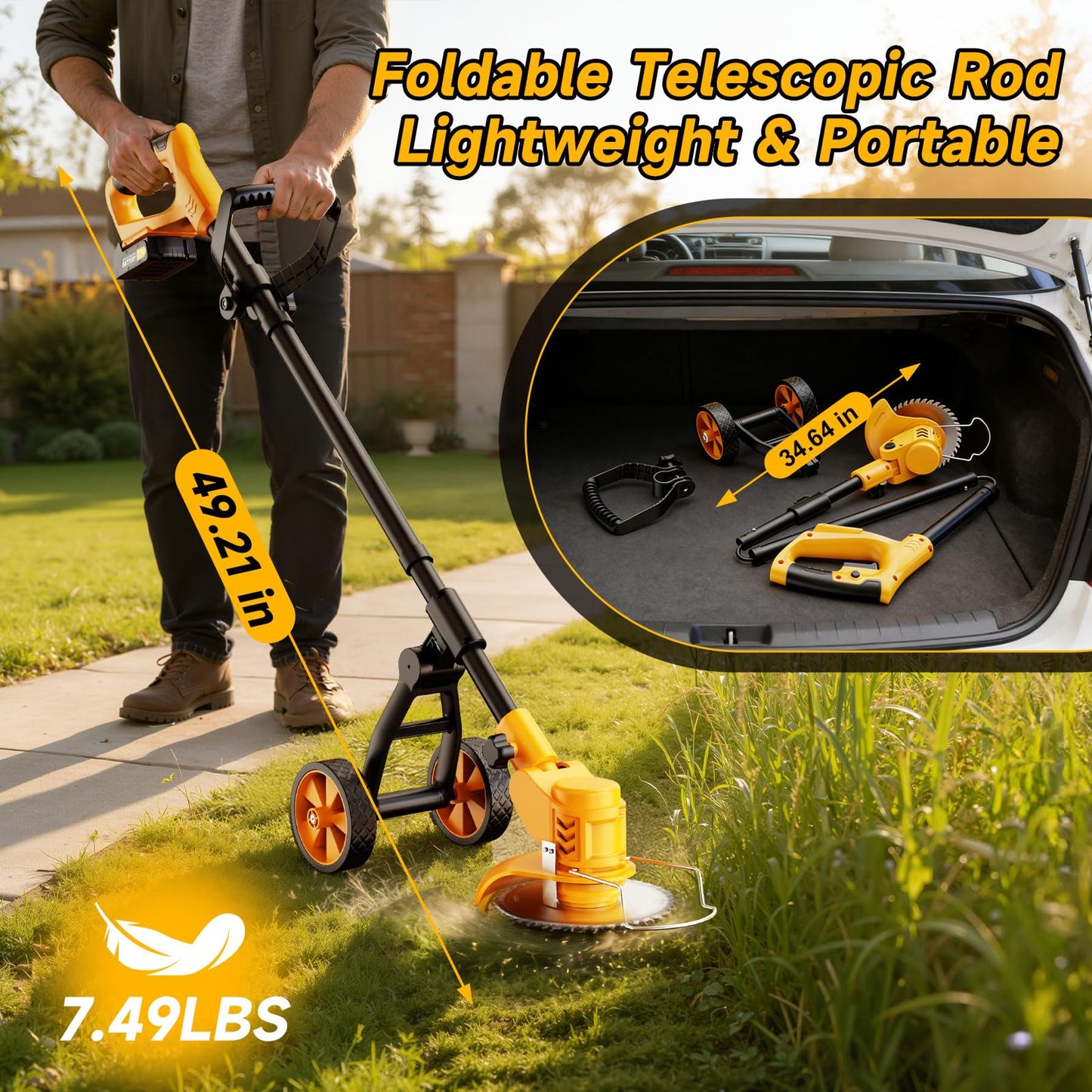 Electric Weed Wacker Cordless with Wheels,Electric Weed Eater Battery Powered,4 in 1 Grass Trimmer/Brush Cutter/Grass Edger/Small Lawn Mower,No String Trimmer with Metal Blade,2 Battery