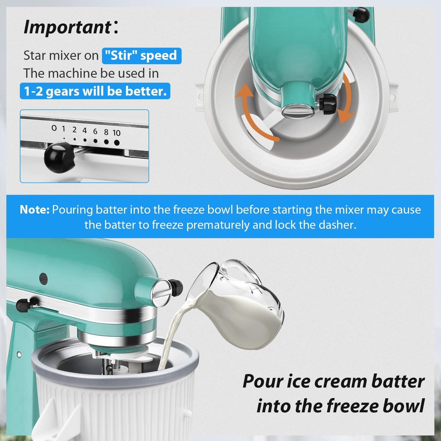 Ice Cream Maker Attachment: For  Stand Mixer, Fits 4.5/5QT/6QT/7QT Models. 2 Quart Capacity, Makes Frozen Yogurt & Gelato