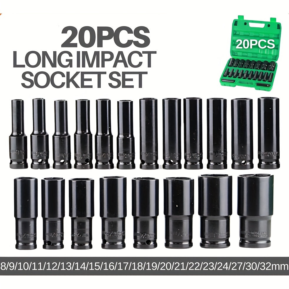 20pcs Hex Impact Wrench Sockets 8-32mm 1/2 Inch Black Finish Heavy Duty Socket Set For Auto Repair