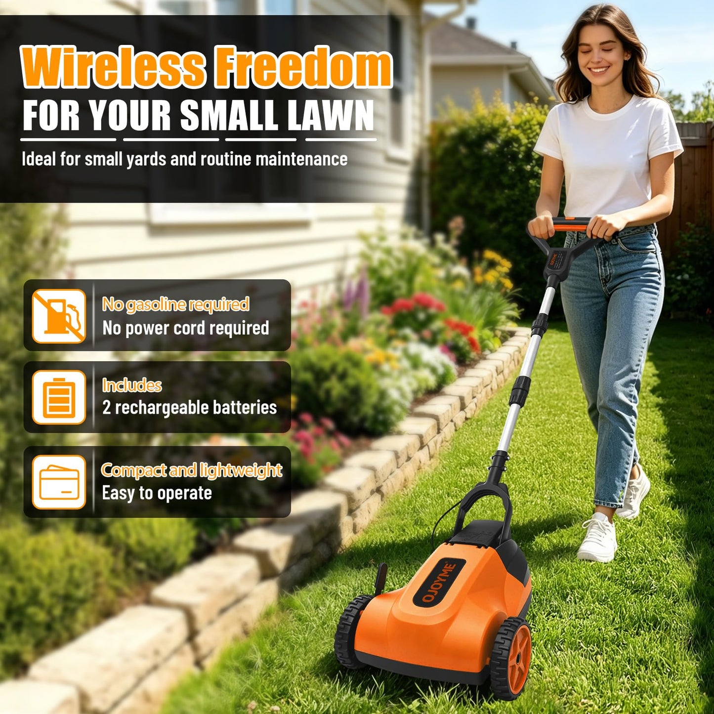 Mini Cordless Lawn Mower, 9 Inch Electric Grass Cutter, Brushless Motor, 2 x 21V 4.0Ah Batteries, 3 Adjustable Cutting Heights, Lightweight Push Mower for Small Yard &amp; Garden (Orange)