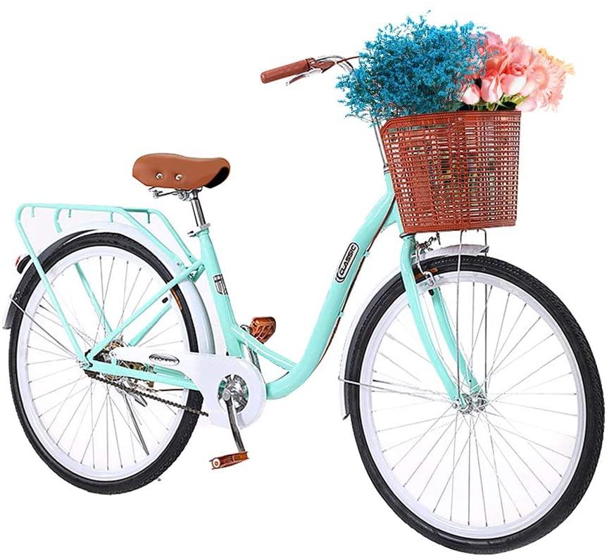 TOUNTLETS Womens Beach Cruiser Bike-26 Inch Unisex Classic Iron Bicycle with Basket Retro Bicycle Unique Art Deco Scooter,Road Bike,Seaside Travel Bicycle,Comfortable Commuter Bicycle
