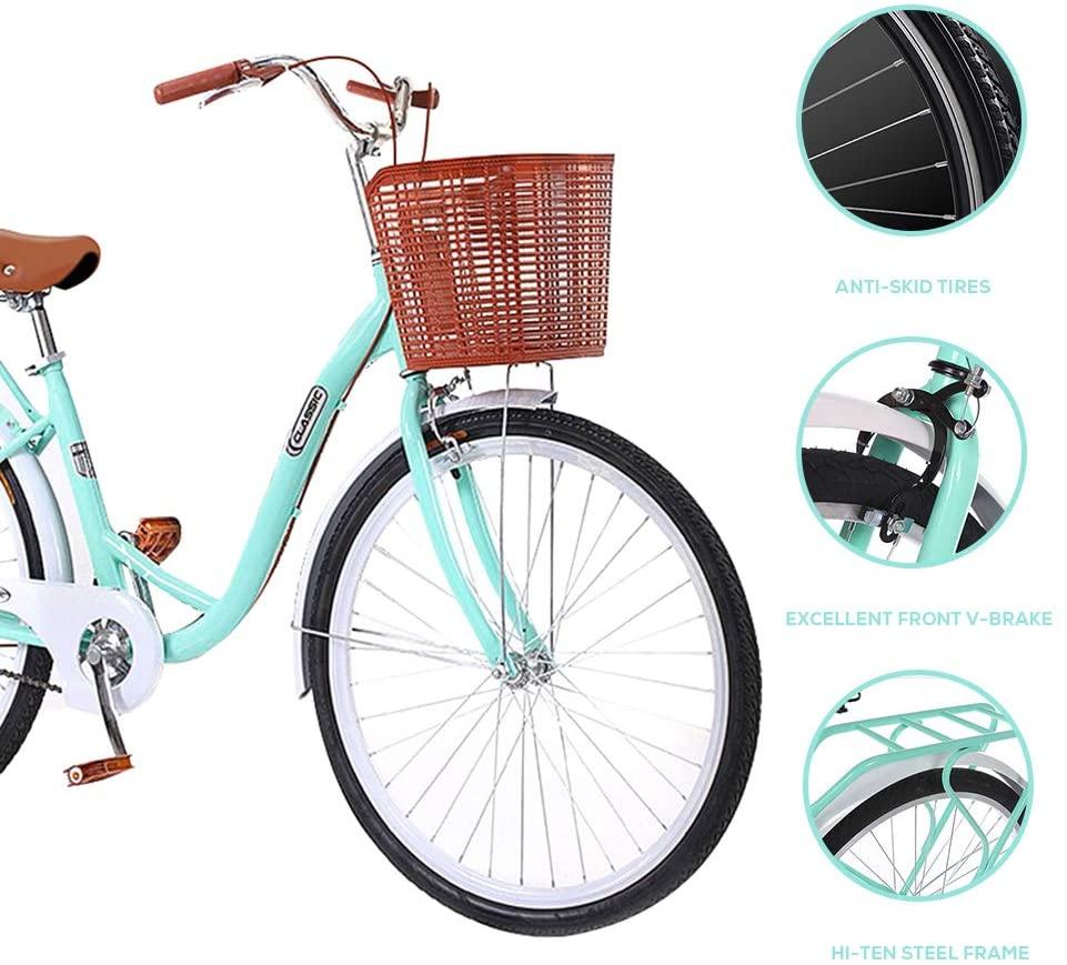 TOUNTLETS Womens Beach Cruiser Bike-26 Inch Unisex Classic Iron Bicycle with Basket Retro Bicycle Unique Art Deco Scooter,Road Bike,Seaside Travel Bicycle,Comfortable Commuter Bicycle