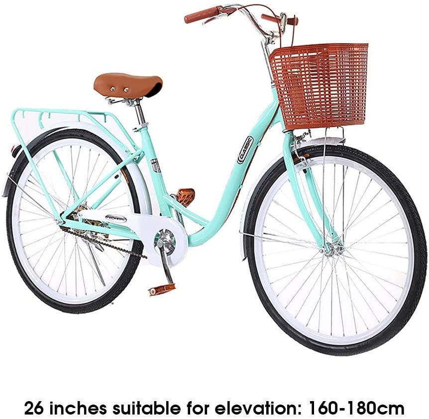 TOUNTLETS Womens Beach Cruiser Bike-26 Inch Unisex Classic Iron Bicycle with Basket Retro Bicycle Unique Art Deco Scooter,Road Bike,Seaside Travel Bicycle,Comfortable Commuter Bicycle
