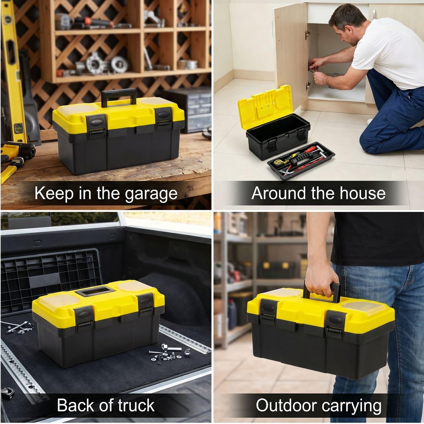 16 Inch Plastic Tool Box with Handle, Portable Toolbox with Removable Tray and Lockable , Heavy Duty Toolbox Organizer with Small Parts Box for Household Workshops Garages, Black Yellow