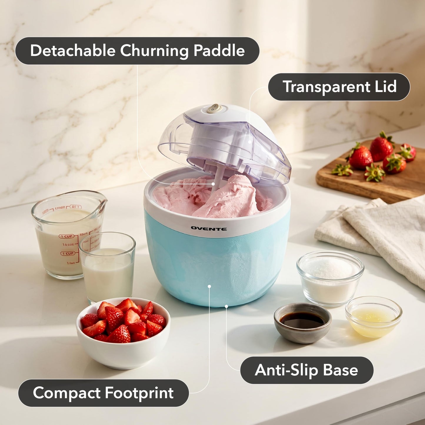 Electric Ice Cream Maker with Easy-Lock Lid, 1QT Freezer Bowl for Healthy & Homemade Frozen Yogurt, Sorbet and Gelato, Mini Kitchen Appliance Ideal for Summer Desserts for Kids, Blue ICM110BL