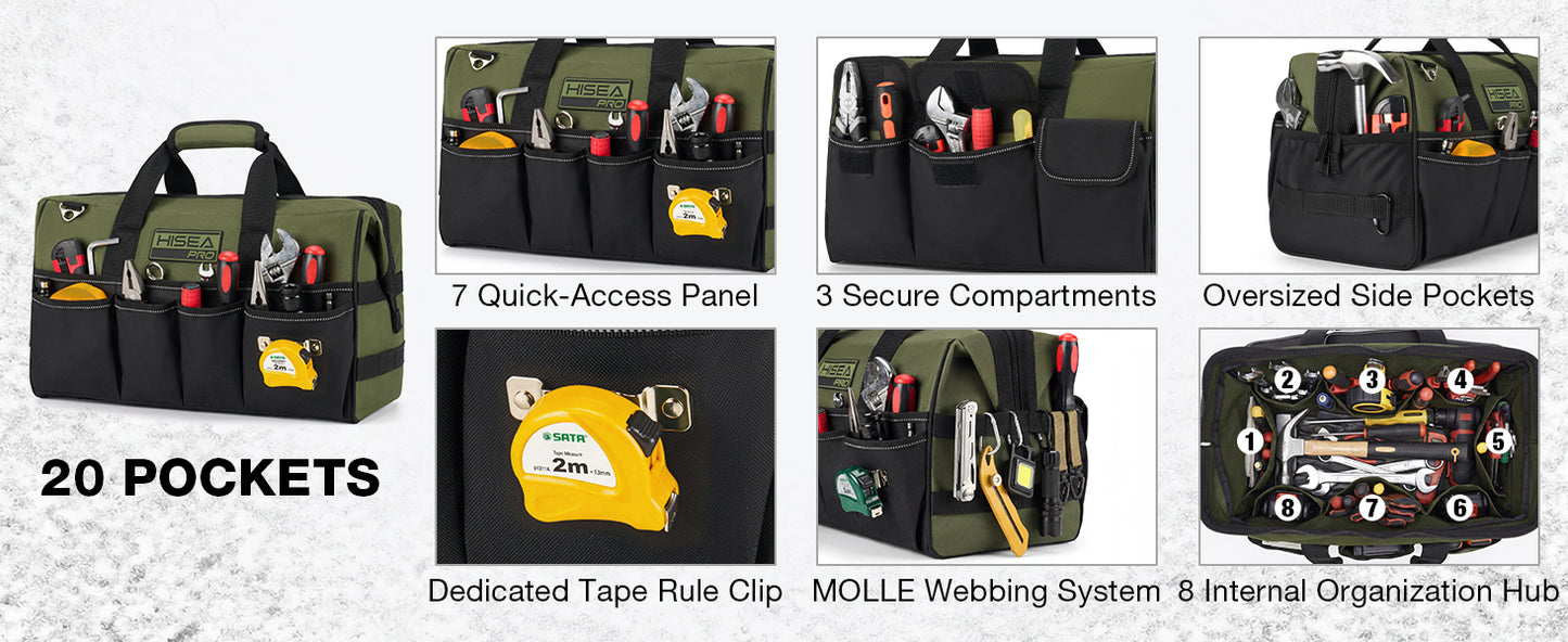 Heavy Duty Tool Bag 20 Pockets, 16-Inch Portable Tool Box Organizer | Waterproof, Wide Mouth, LarStoraToolbag for Electrician, Tradesman, with Adjustable Shoulder Strap, Soft Handle