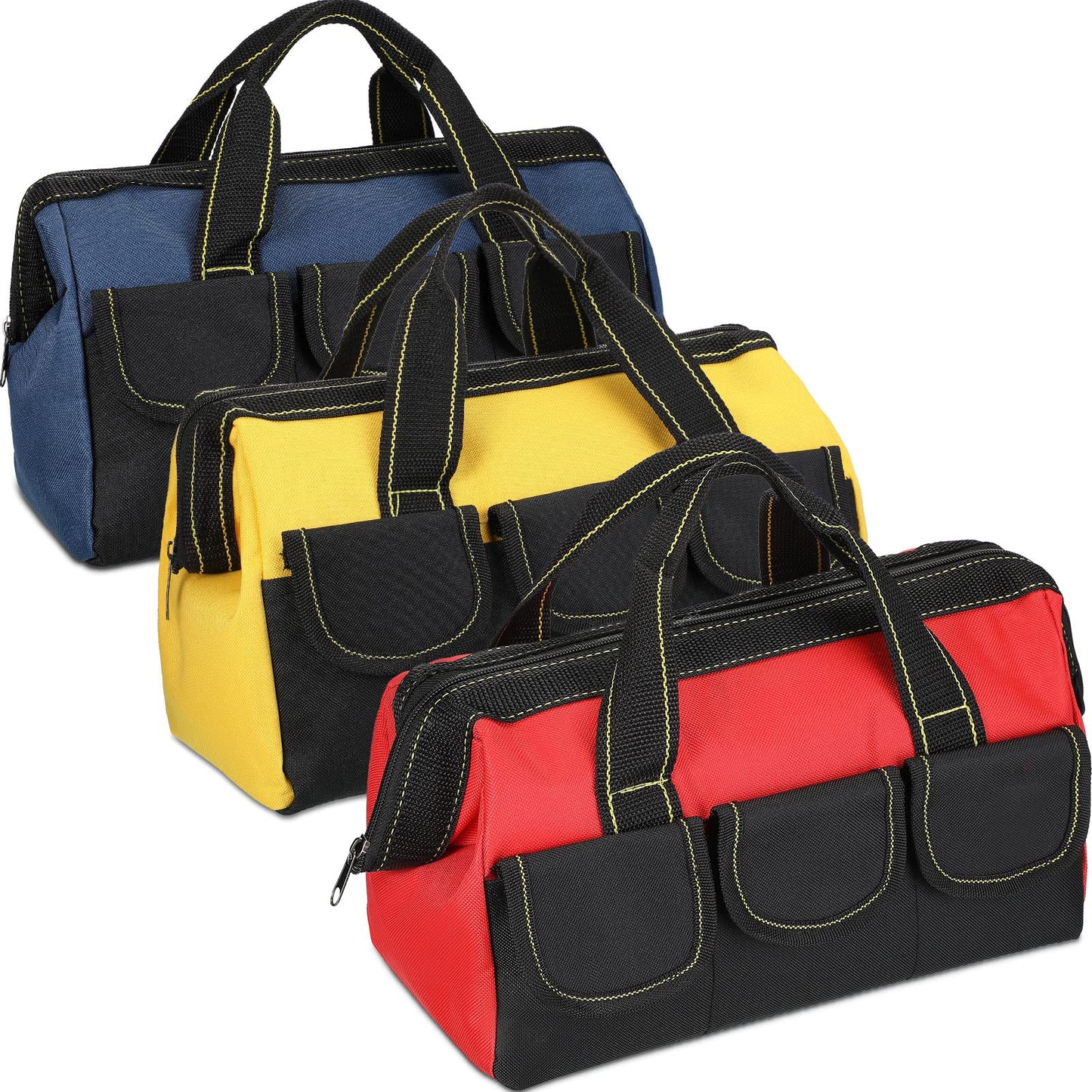 3 Pack Tool Bag for Men with Waterproof Hard Bottom, Heavy Duty Tool Bag Wide Mouth Tote for Various Instrument, Electrician Carpenter Mechanic(Blue, Red, Yellow,13 Inch,Classic)
