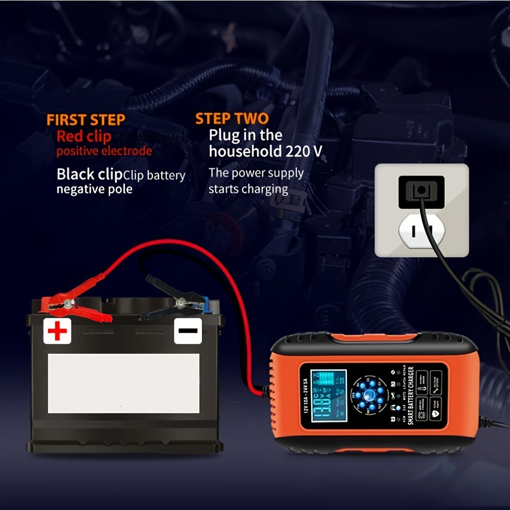 10-Amp Car Battery Charger 12V And 24V Smart Fully Automatic Battery Charger Maintainer Trickle Charger W/ Temperature Compensation For LawnLead Acid