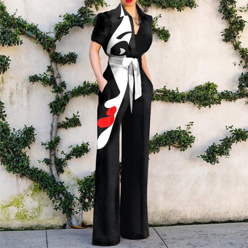 Women Chic Fashion Art Abstract Print Jumpsuit